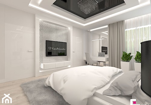 Projekt wnętrz domu w Wołominie - Średnia biała z panelami tapicerowanymi sypialnia, styl glamour - zdjęcie od CUBE Interior Design