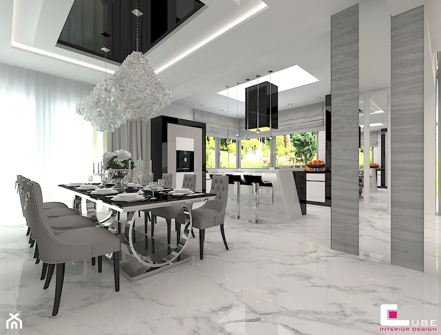 Projekt wnętrz domu w Wołominie - Duża biała jadalnia jako osobne pomieszczenie, styl glamour - zdjęcie od CUBE Interior Design