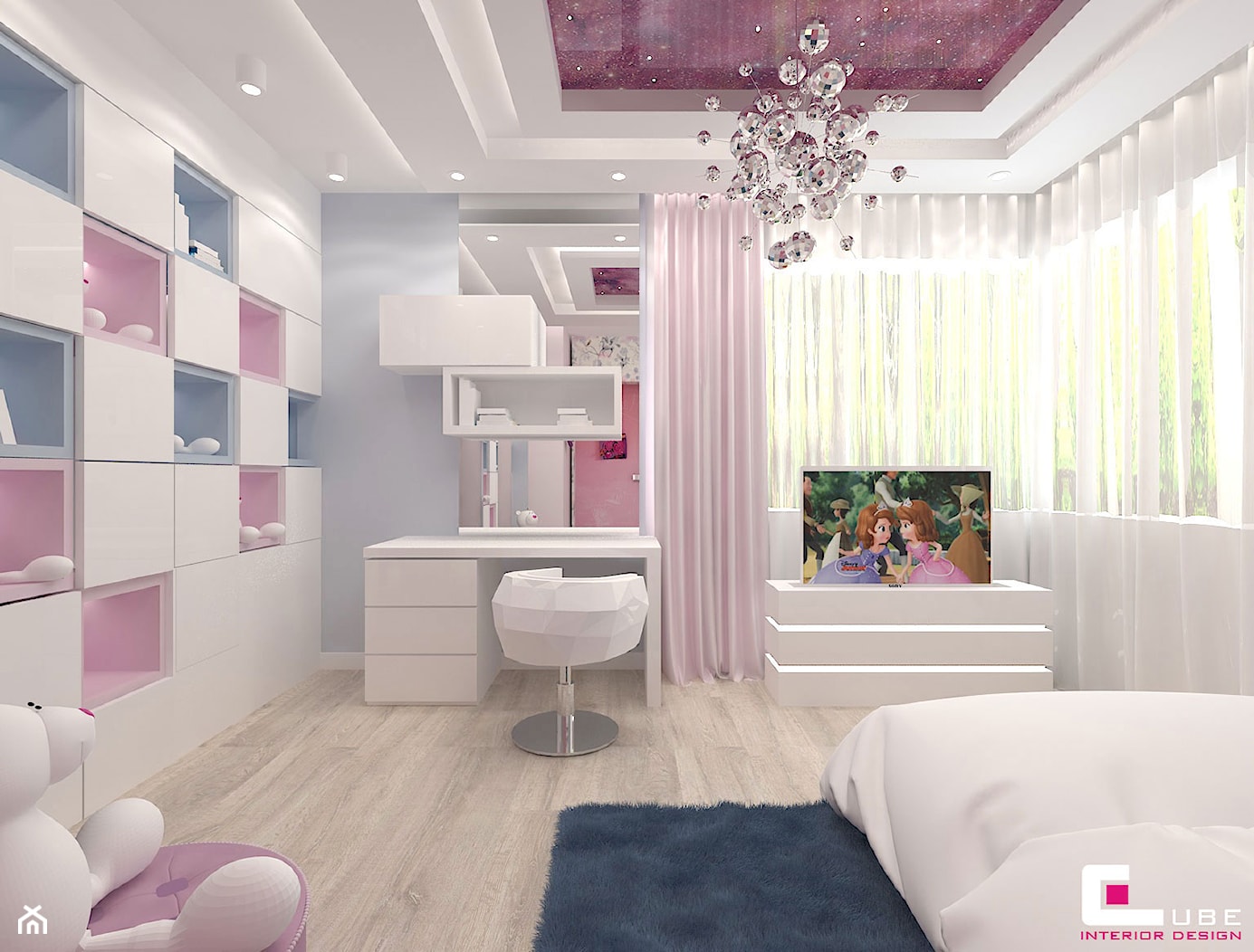 Projekt wnętrz domu w Wołominie - Średni biały szary pokój dziecka dla nastolatka dla dziewczynki, ... - zdjęcie od CUBE Interior Design - Homebook