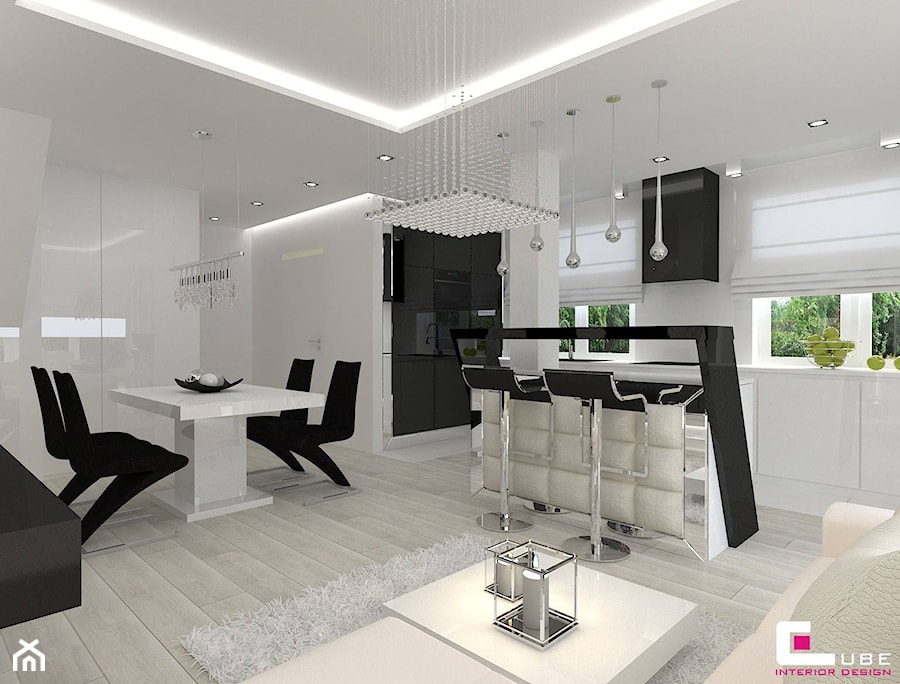 Dom w Markach - Średnia otwarta z kamiennym blatem biała z zabudowaną lodówką kuchnia w kształcie litery l z wyspą lub półwyspem z oknem, styl glamour - zdjęcie od CUBE Interior Design