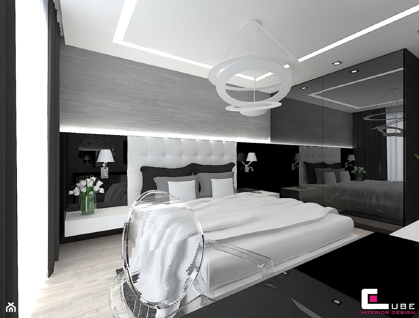 Dom w Lipkowie - Średnia biała szara z panelami tapicerowanymi sypialnia, styl nowoczesny - zdjęcie od CUBE Interior Design - Homebook