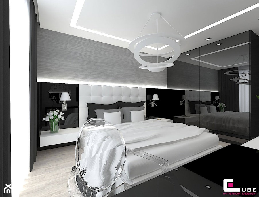 Dom w Lipkowie - Średnia biała szara z panelami tapicerowanymi sypialnia, styl nowoczesny - zdjęcie od CUBE Interior Design