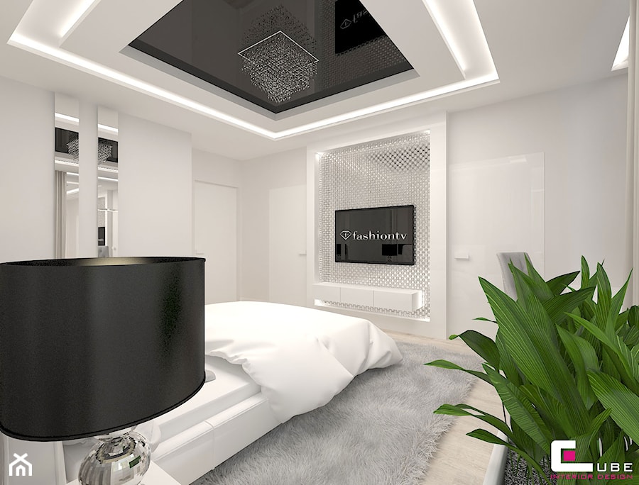 Projekt wnętrz domu w Wołominie - Duża biała szara sypialnia, styl glamour - zdjęcie od CUBE Interior Design