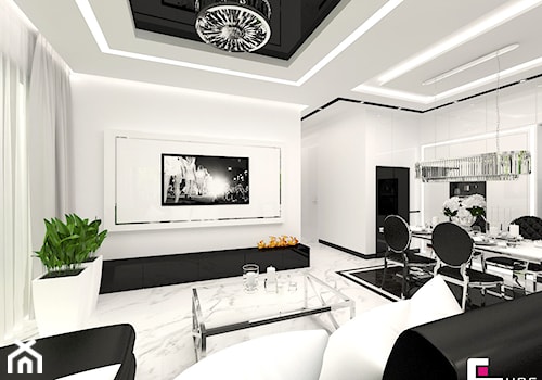 Mieszkanie pokazowe w Konstancinie-Jeziornie - Średni biały salon z jadalnią, styl glamour - zdjęcie od CUBE Interior Design