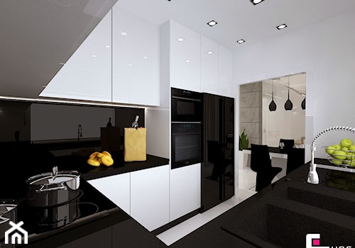 Dom w Lipkowie - Średnia otwarta biała z zabudowaną lodówką z podblatowym zlewozmywakiem kuchnia w kształcie litery u, styl nowoczesny - zdjęcie od CUBE Interior Design