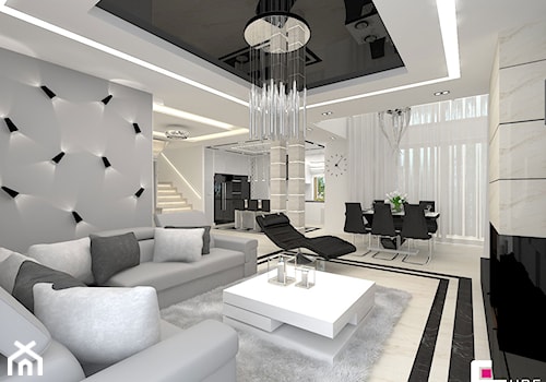 Projekt wnętrz domu - Mały szary salon z jadalnią, styl nowoczesny - zdjęcie od CUBE Interior Design