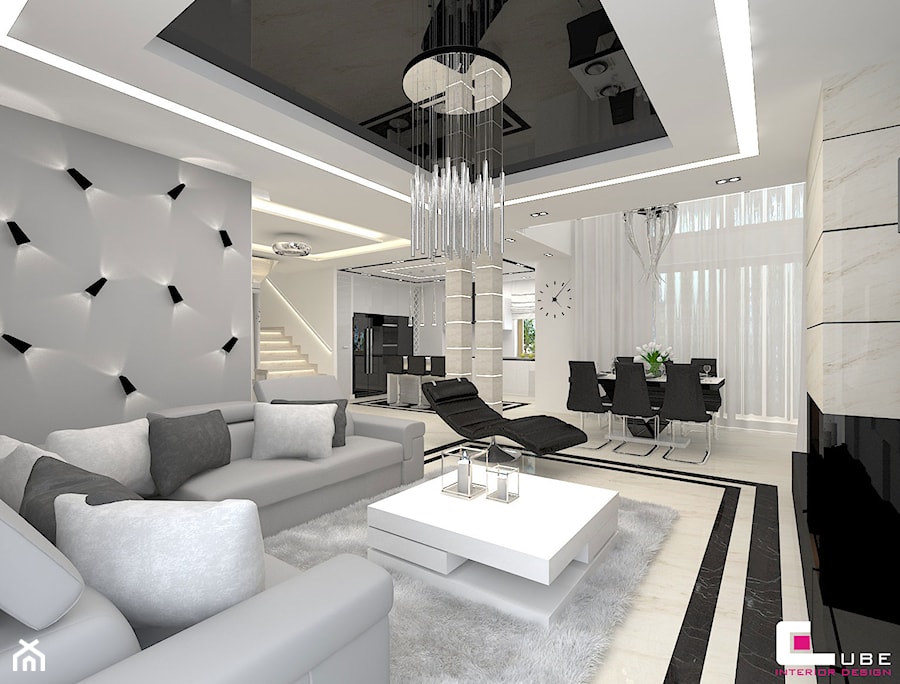 Projekt wnętrz domu - Mały szary salon z jadalnią, styl nowoczesny - zdjęcie od CUBE Interior Design