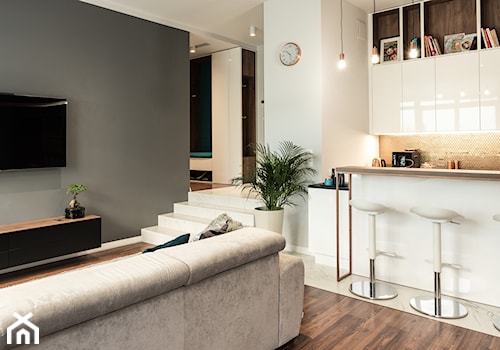 Apartament - Garnizon - Mała otwarta z salonem biała szara kuchnia jednorzędowa z marmurową podłogą, styl nowoczesny - zdjęcie od Autors.KA