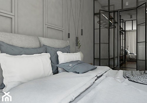 Mieszkanie - Reda - Duża szara z panelami tapicerowanymi sypialnia z garderobą, styl industrialny - zdjęcie od Autors.KA