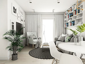 Mieszkanie - Gdańsk Oliwa - Mały biały salon z jadalnią z tarasem / balkonem z bibiloteczką, styl skandynawski - zdjęcie od Autors.KA