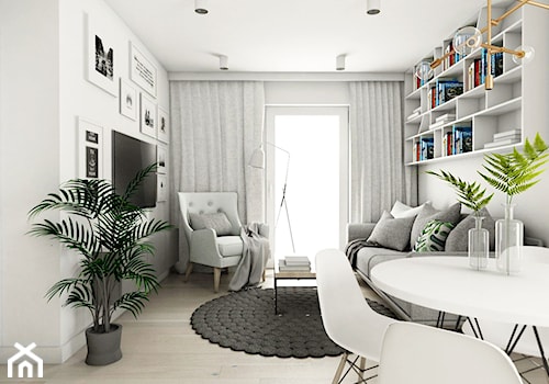 Mieszkanie - Gdańsk Oliwa - Mały biały salon z jadalnią z tarasem / balkonem z bibiloteczką, styl skandynawski - zdjęcie od Autors.KA