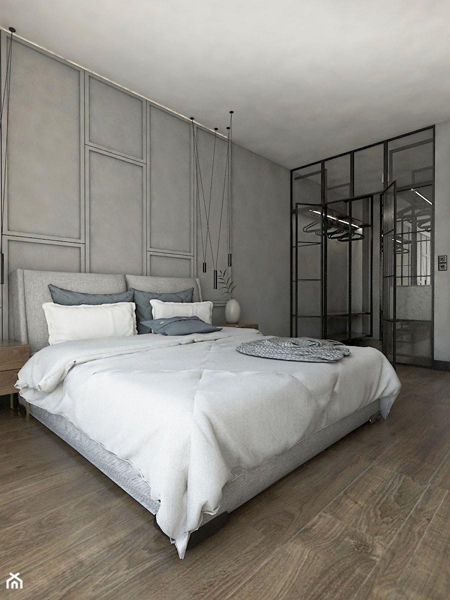 Mieszkanie - Reda - Średnia szara z panelami tapicerowanymi sypialnia z garderobą, styl nowoczesny - zdjęcie od Autors.KA