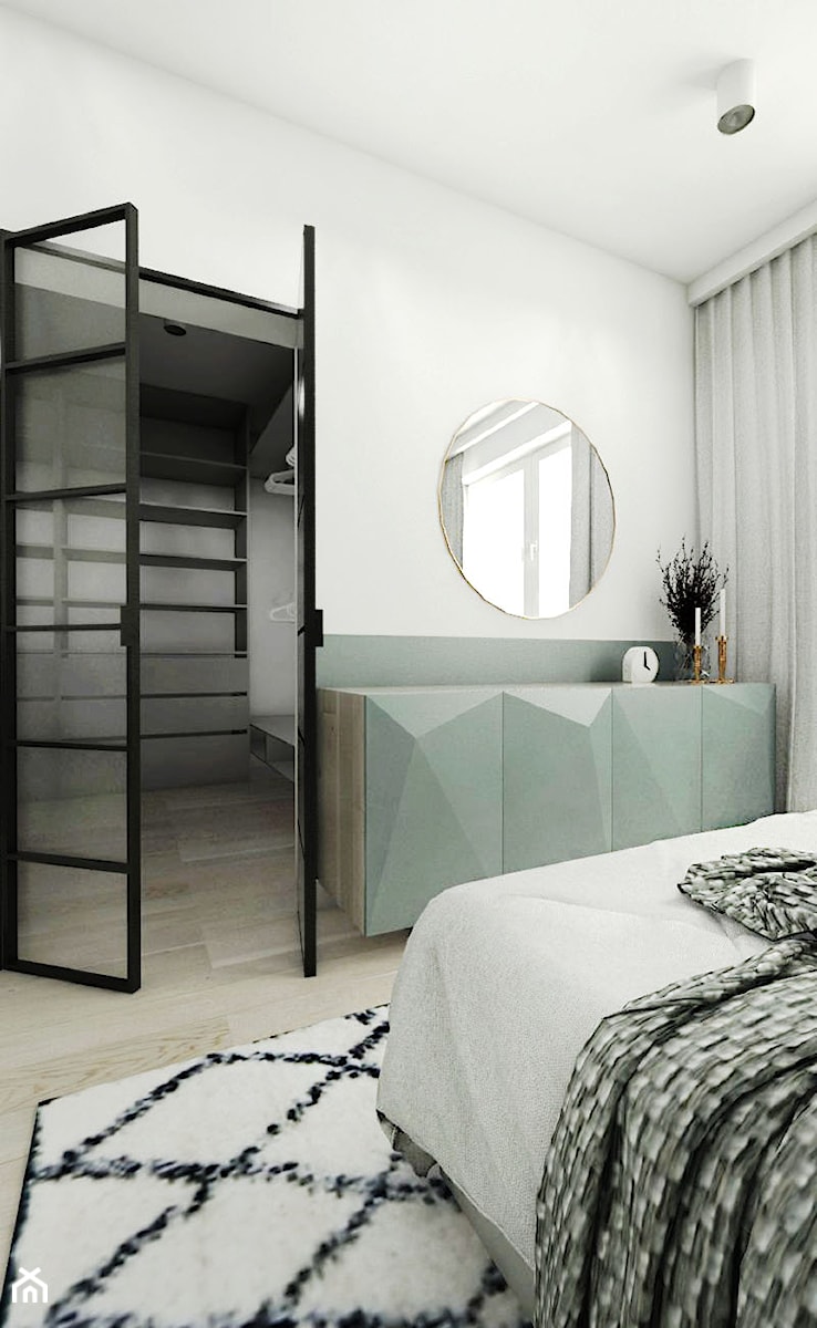 Mieszkanie - Gdańsk Oliwa - Mała biała szara sypialnia z garderobą, styl skandynawski - zdjęcie od Autors.KA