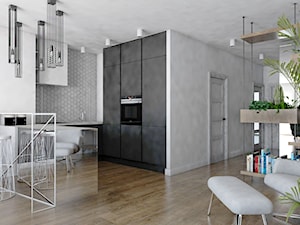 Mieszkanie - Reda - Średnia otwarta z kamiennym blatem biała szara z zabudowaną lodówką z podblatowym zlewozmywakiem kuchnia w kształcie litery l, styl industrialny - zdjęcie od Autors.KA