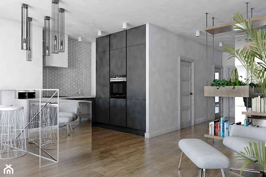 Mieszkanie - Reda - Średnia otwarta z kamiennym blatem biała szara z zabudowaną lodówką z podblatowym zlewozmywakiem kuchnia w kształcie litery l, styl industrialny - zdjęcie od Autors.KA