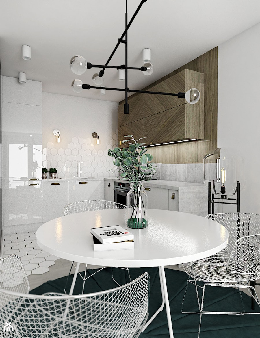 Mieszkanie II - Cztery Oceany Gdańsk - Średnia z salonem z kamiennym blatem biała z lodówką wolnostojącą kuchnia w kształcie litery l, styl skandynawski - zdjęcie od Autors.KA