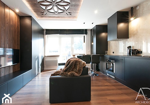 Apartament w Zakopanem w Ciemnych Barwach - Średni czarny salon z kuchnią z jadalnią, styl rustykalny - zdjęcie od LEW ARCHITEKCI