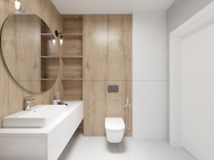 Ciepłe mieszkanie z dużą ilością drewna i niebieskich akcentów - Średnia bez okna z lustrem łazienka, styl minimalistyczny - zdjęcie od LEW ARCHITEKCI