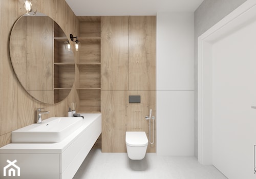 Ciepłe mieszkanie z dużą ilością drewna i niebieskich akcentów - Średnia bez okna z lustrem łazienka, styl minimalistyczny - zdjęcie od LEW ARCHITEKCI