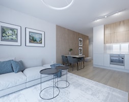 Ciepłe mieszkanie z dużą ilością drewna i niebieskich akcentów - Średnia otwarta z salonem biała z z ... - zdjęcie od LEW ARCHITEKCI - Homebook