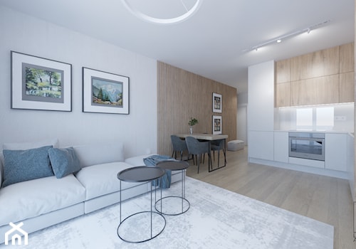 Ciepłe mieszkanie z dużą ilością drewna i niebieskich akcentów - Średnia otwarta z salonem biała z zabudowaną lodówką z podblatowym zlewozmywakiem kuchnia w kształcie litery l, styl minimalistyczny - zdjęcie od LEW ARCHITEKCI