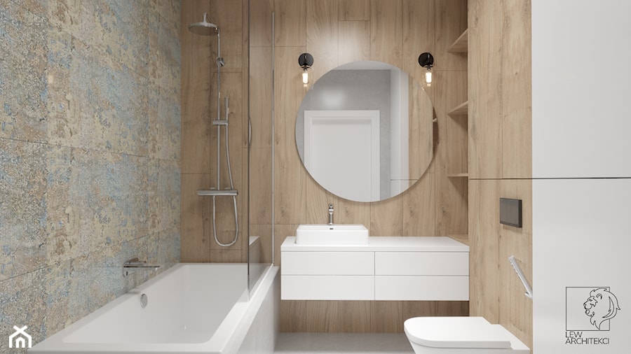 Ciepłe mieszkanie z dużą ilością drewna i niebieskich akcentów - Mała bez okna z lustrem łazienka, styl nowoczesny - zdjęcie od LEW ARCHITEKCI