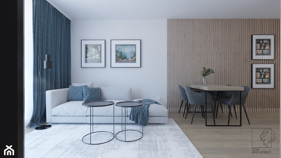 Ciepłe mieszkanie z dużą ilością drewna i niebieskich akcentów - Salon, styl nowoczesny - zdjęcie od LEW ARCHITEKCI