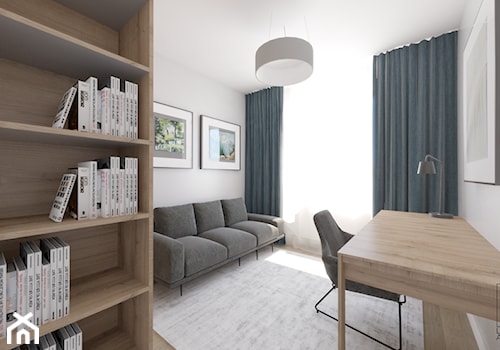 Ciepłe mieszkanie z dużą ilością drewna i niebieskich akcentów - Średnie z sofą białe biuro, styl m ... - zdjęcie od LEW ARCHITEKCI