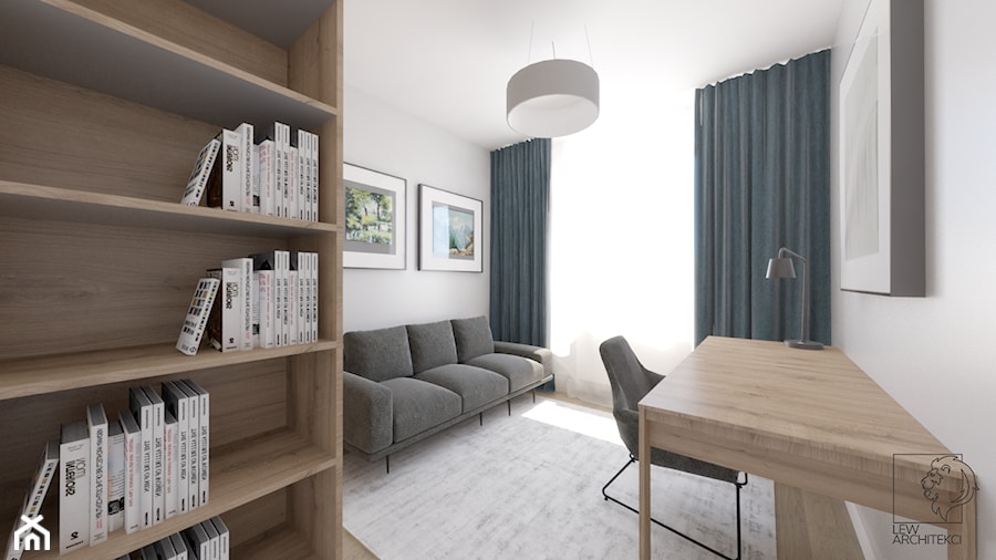 Ciepłe mieszkanie z dużą ilością drewna i niebieskich akcentów - Średnie z sofą białe biuro, styl m ... - zdjęcie od LEW ARCHITEKCI