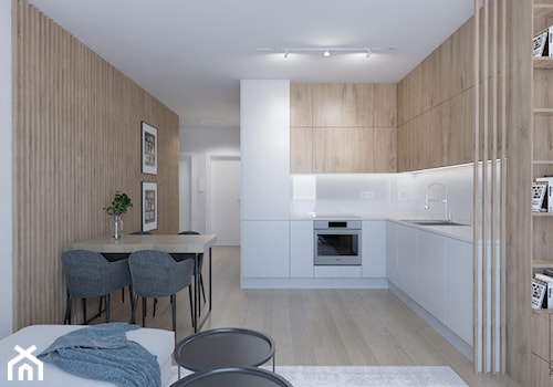 Ciepłe mieszkanie z dużą ilością drewna i niebieskich akcentów - Jadalnia, styl minimalistyczny - zdjęcie od LEW ARCHITEKCI