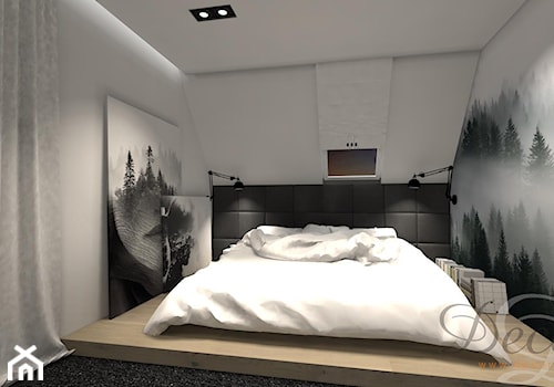 SYPIALNIA - Średnia biała czarna szara sypialnia na poddaszu - zdjęcie od Decoria