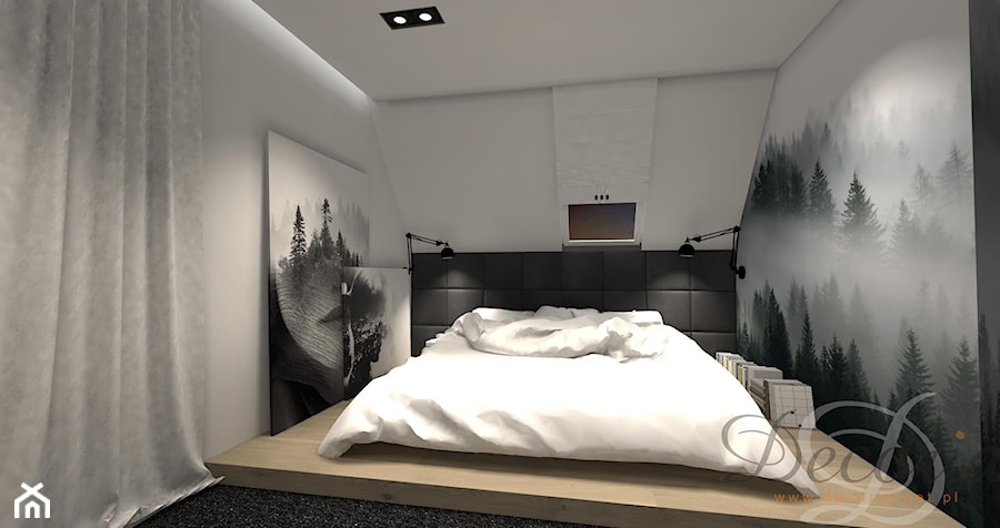 SYPIALNIA - Średnia biała czarna szara sypialnia na poddaszu - zdjęcie od Decoria