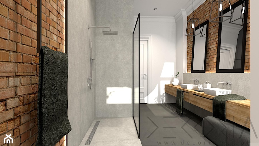 projekt łazienki w kamienicy - Duża bez okna z lustrem z dwoma umywalkami z punktowym oświetleniem łazienka - zdjęcie od Decoria