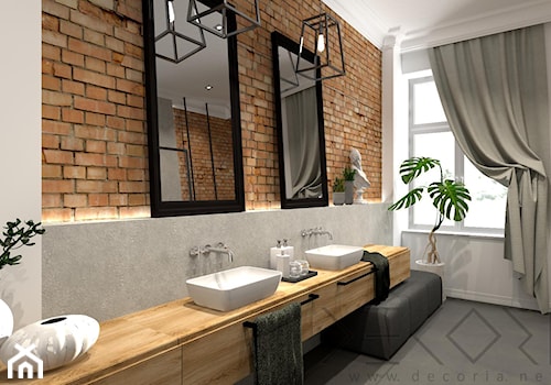 projekt łazienki w kamienicy - Duża jako pokój kąpielowy z lustrem z dwoma umywalkami z punktowym oświetleniem łazienka z oknem - zdjęcie od Decoria