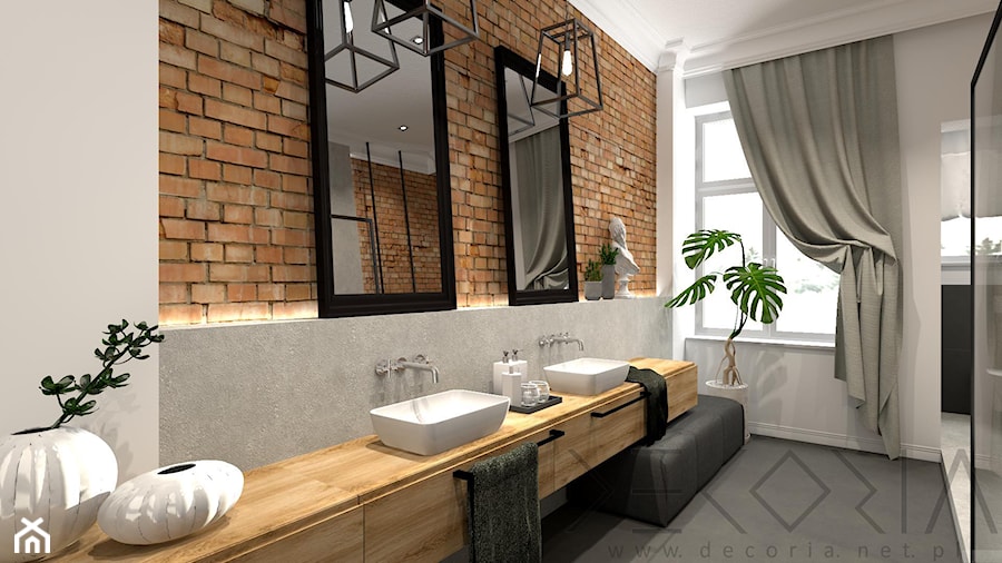 projekt łazienki w kamienicy - Duża jako pokój kąpielowy z lustrem z dwoma umywalkami z punktowym oświetleniem łazienka z oknem - zdjęcie od Decoria