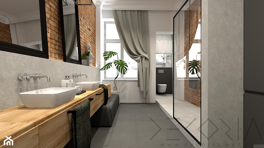 projekt łazienki w kamienicy - Średnia bez okna z lustrem z dwoma umywalkami z marmurową podłogą łazienka - zdjęcie od Decoria