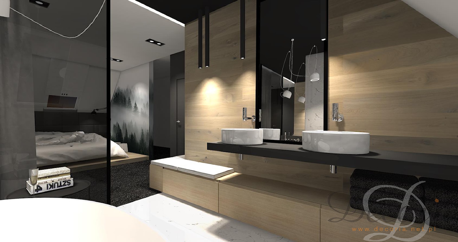SYPIALNIA - Średnia na poddaszu bez okna z dwoma umywalkami z punktowym oświetleniem łazienka - zdjęcie od Decoria - Homebook
