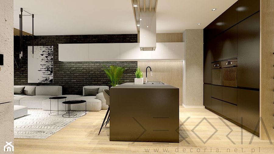 projekt wnętrza - Duży czarny salon z kuchnią z jadalnią - zdjęcie od Decoria