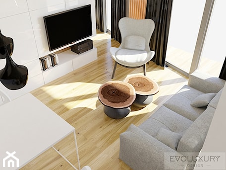 Aranżacje wnętrz - Salon: EVOLUXURY - APARTAMENT THE AVENUE - Mały salon z jadalnią z tarasem / balkonem z bibiloteczką, styl minimalistyczny - EVOLUXURY DESIGN ARKADIUSZ JASKOLSKI. Przeglądaj, dodawaj i zapisuj najlepsze zdjęcia, pomysły i inspiracje designerskie. W bazie mamy już prawie milion fotografii!