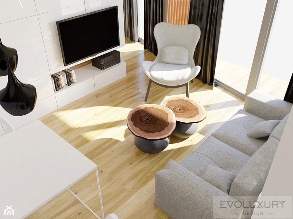 EVOLUXURY - APARTAMENT THE AVENUE - Mały salon z jadalnią z tarasem / balkonem z bibiloteczką, styl minimalistyczny - zdjęcie od EVOLUXURY DESIGN ARKADIUSZ JASKOLSKI - Homebook