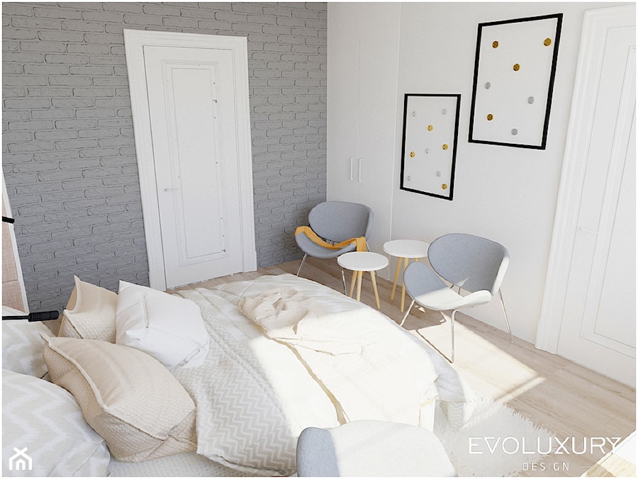 EVOLUXURY - BROADWAY - Mała biała szara sypialnia, styl skandynawski - zdjęcie od EVOLUXURY DESIGN ARKADIUSZ JASKOLSKI