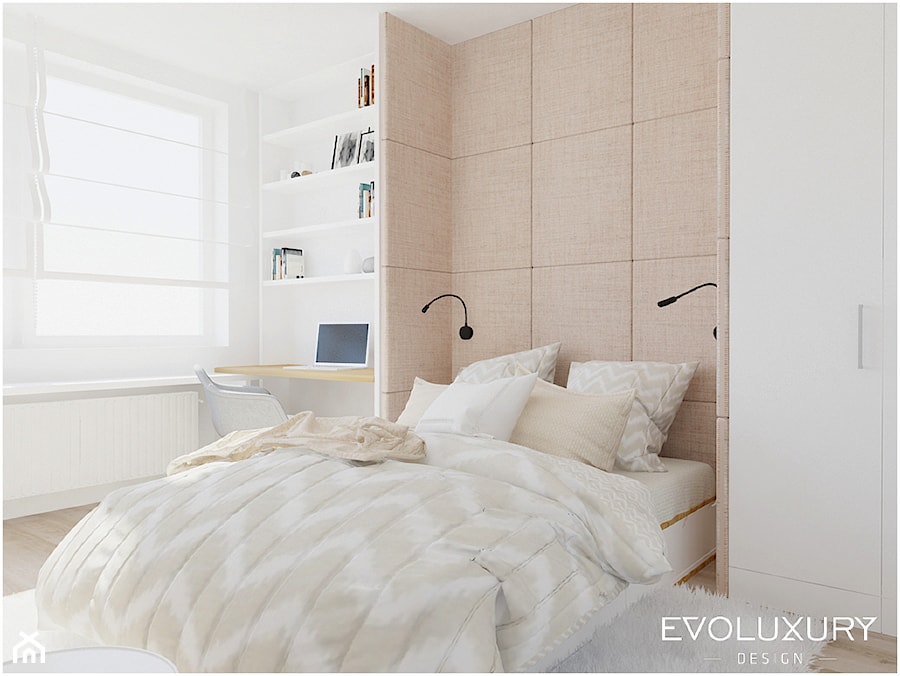 EVOLUXURY - BROADWAY - Średnia biała z biurkiem z panelami tapicerowanymi sypialnia, styl skandynawski - zdjęcie od EVOLUXURY DESIGN ARKADIUSZ JASKOLSKI