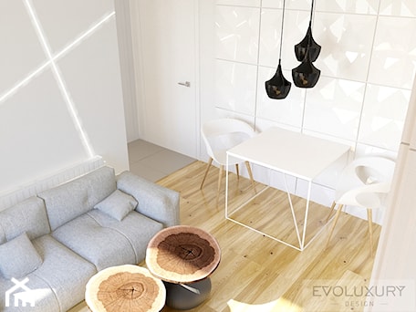 Aranżacje wnętrz - Jadalnia: EVOLUXURY - APARTAMENT THE AVENUE - Mała biała szara jadalnia w salonie, styl minimalistyczny - EVOLUXURY DESIGN ARKADIUSZ JASKOLSKI. Przeglądaj, dodawaj i zapisuj najlepsze zdjęcia, pomysły i inspiracje designerskie. W bazie mamy już prawie milion fotografii!