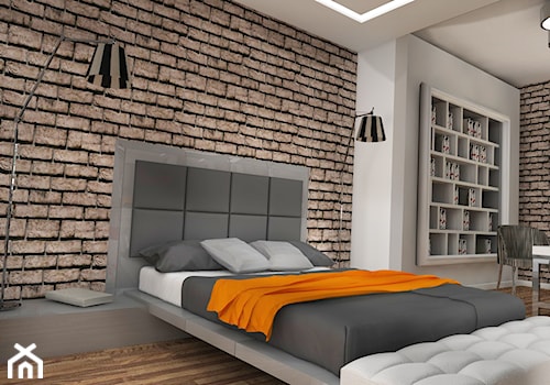 "Wielkomiejski loft" - Średnia beżowa sypialnia, styl industrialny - zdjęcie od K-STUDIO Architekt Wnętrz Katarzyna Miłkowska