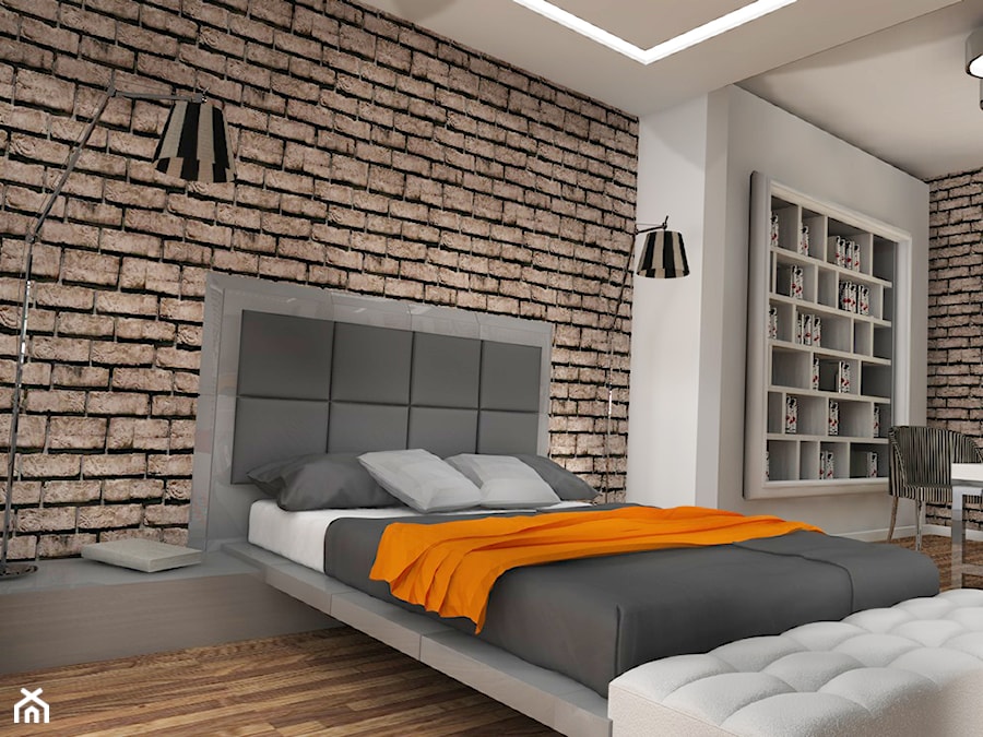 "Wielkomiejski loft" - Średnia beżowa sypialnia, styl industrialny - zdjęcie od K-STUDIO Architekt Wnętrz Katarzyna Miłkowska