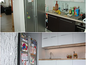 Metamorfoza mieszkania - Mała otwarta z salonem szara z lodówką wolnostojącą kuchnia w kształcie litery l, styl nowoczesny - zdjęcie od Ra Barbar