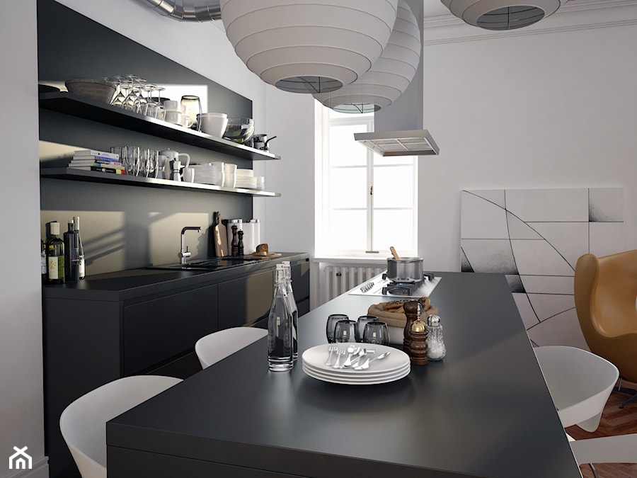 apartment_b&w - Średnia szara jadalnia w kuchni, styl nowoczesny - zdjęcie od PLLU Design - Łukasz Pluta
