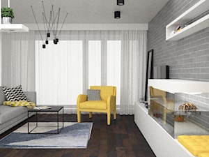 Salon z żółtymi dodatkami - Mały biały szary salon, styl skandynawski - zdjęcie od OES architekci