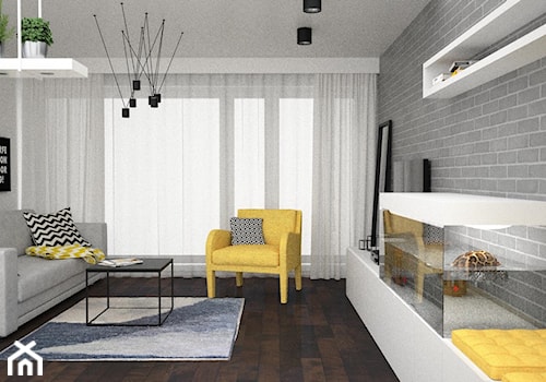 Salon z żółtymi dodatkami - Mały biały szary salon, styl skandynawski - zdjęcie od OES architekci