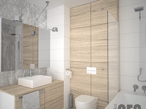 Łazienka w szarościach z drewnem - Mała na poddaszu bez okna łazienka, styl skandynawski - zdjęcie od OES architekci